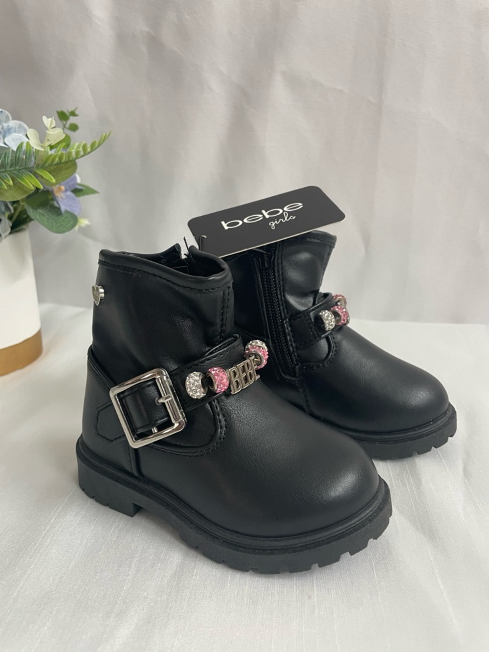 BEBE black moto boots with rhinestone Beads and plate Size 5 Baby Girl